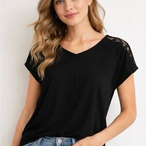 Emery Rose Black Lace-Shoulder V-Neck Women's Top